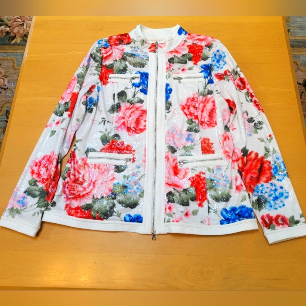Boston Proper Brand Women's Sequin Floral Zip Up Jacket Size XL